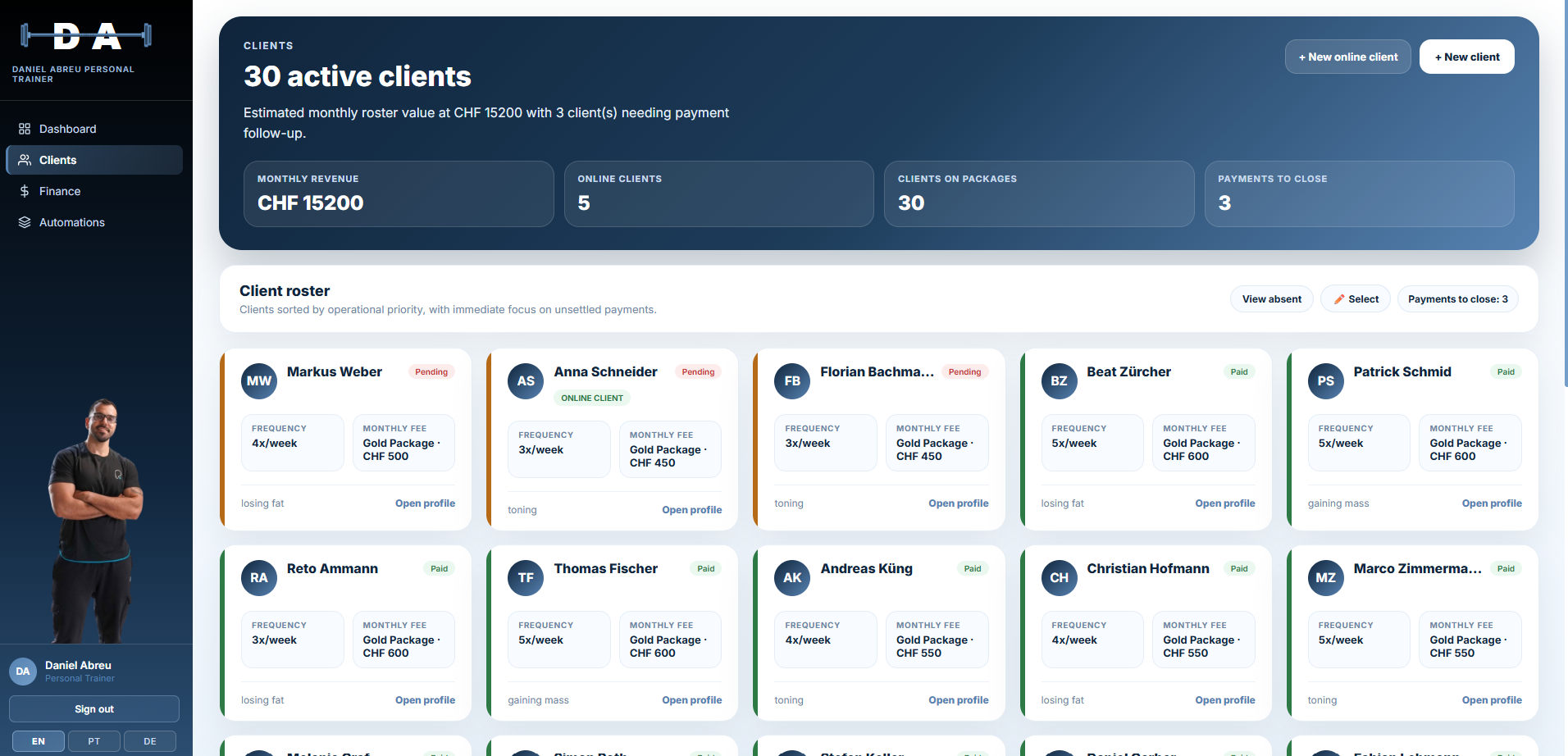 Daniel Abreu clients roster on desktop