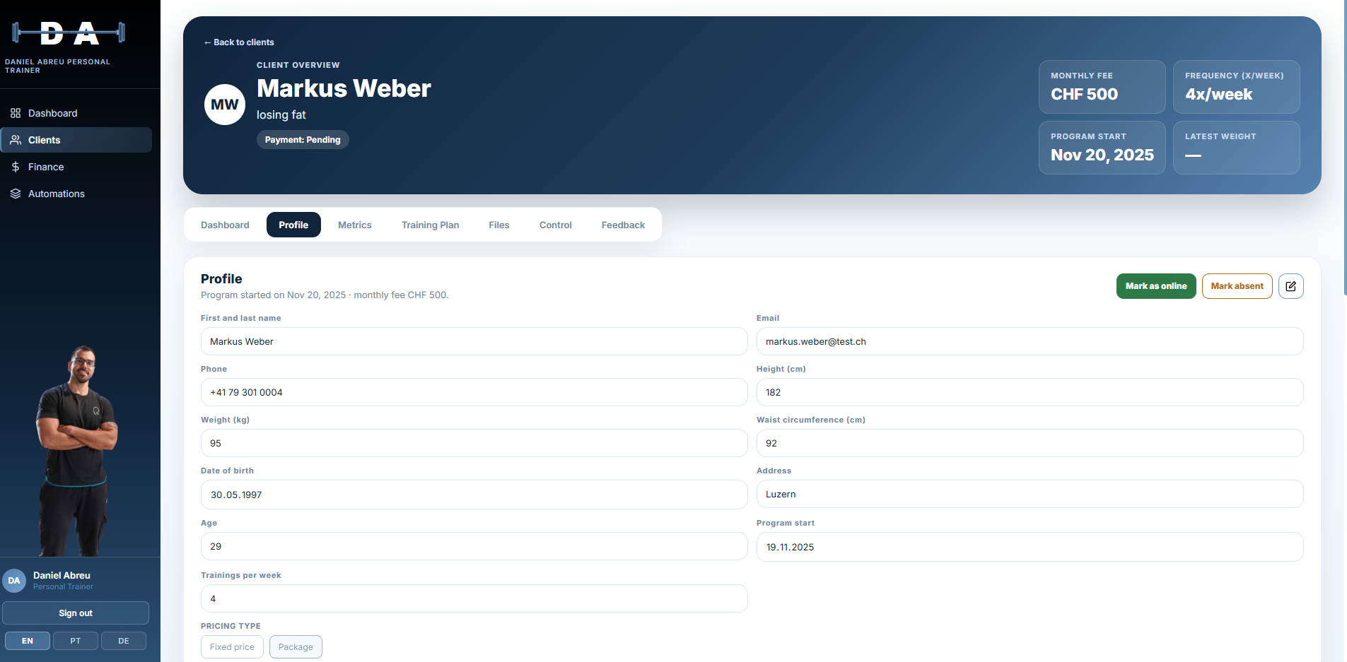Daniel Abreu individual client view on desktop