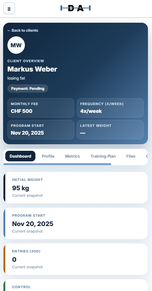Daniel Abreu individual client page on mobile